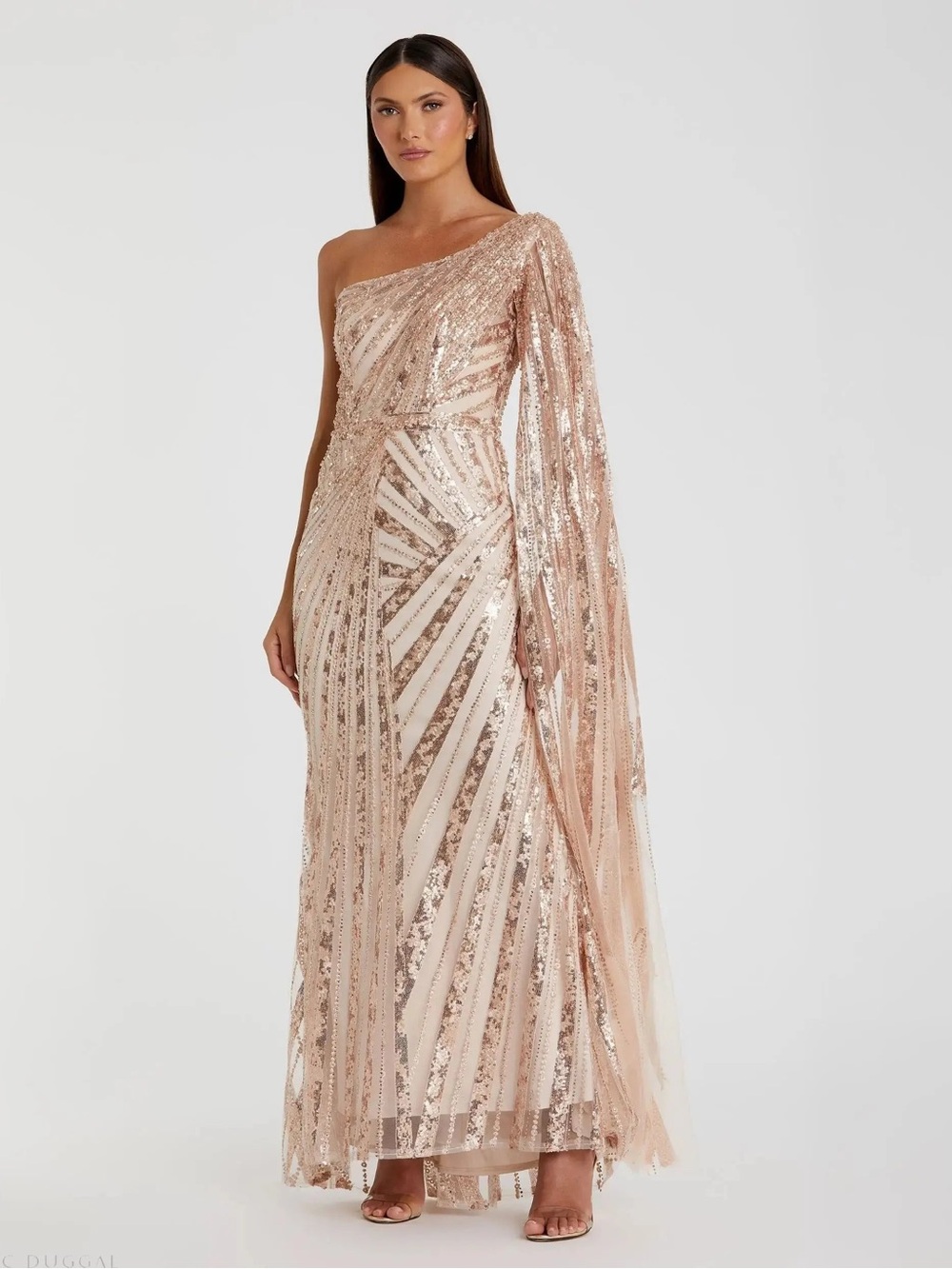 Mac Duggal 20528 Rose Gold One Shoulder Cape Sleeve Embellished Gown Size 14 NWT